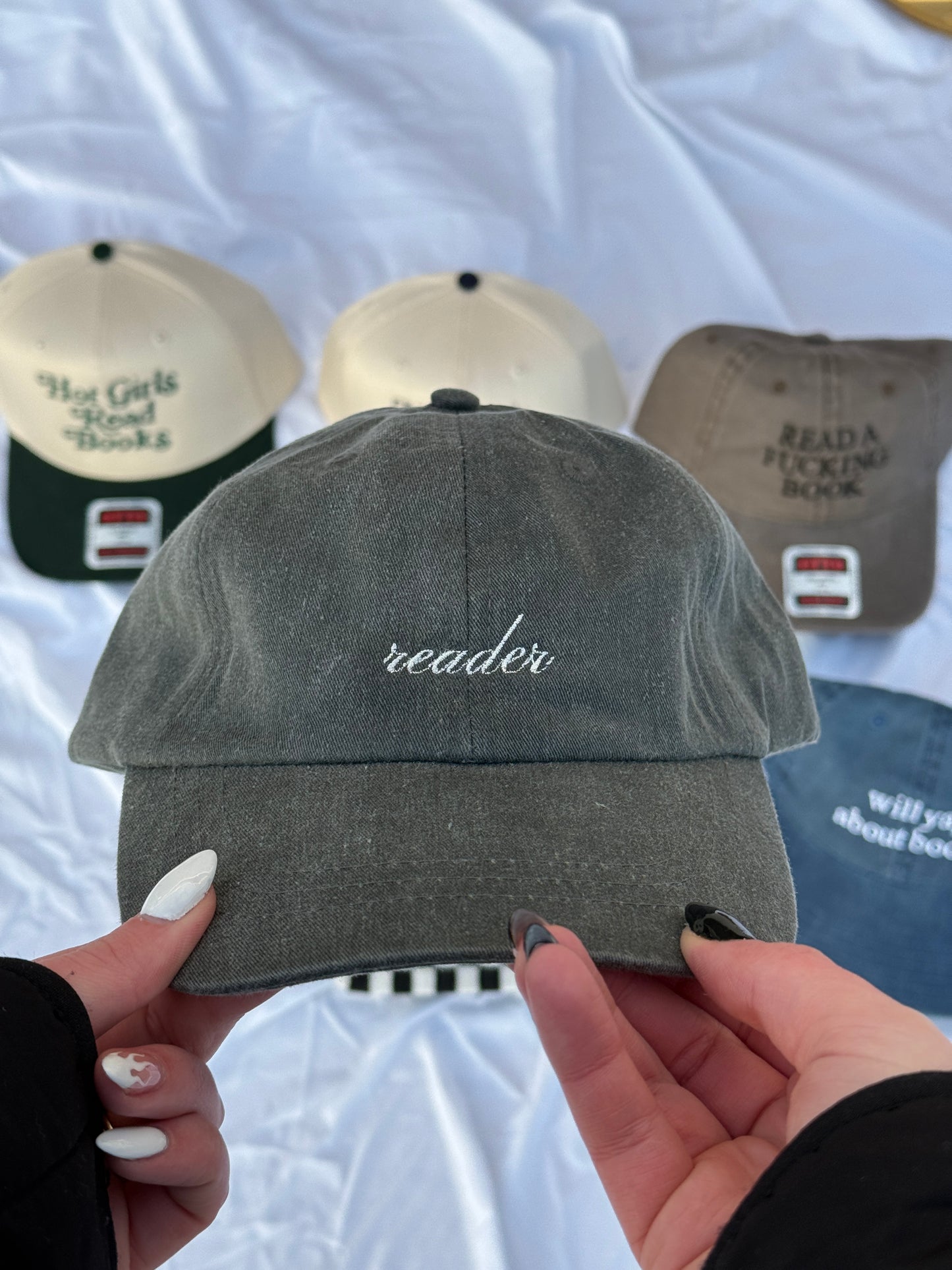 reader script embroidered hat